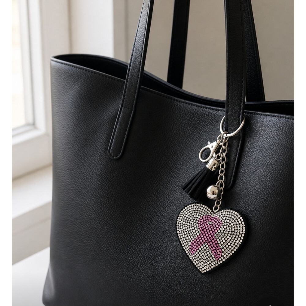 Heart Pink Ribbon Rhinestone Bag Charm New